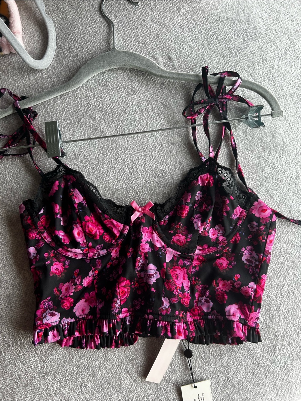 For Love And Lemons Black Floral Lace-Trim Crop Cami in Pink